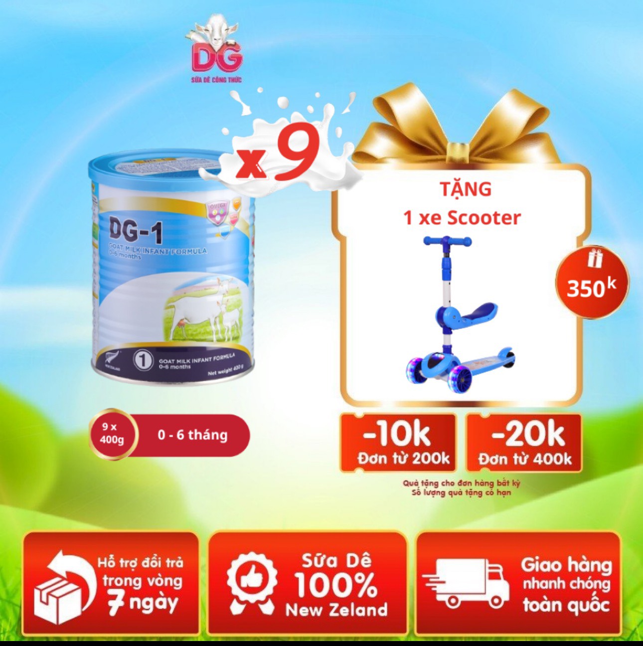 Combo 8 lon sữa Dê DG-1 400gr Tặng 1 xe trượt Scooter [Quà tặng số lượng có hạn sẽ chuyển thành quà khác tương đương]