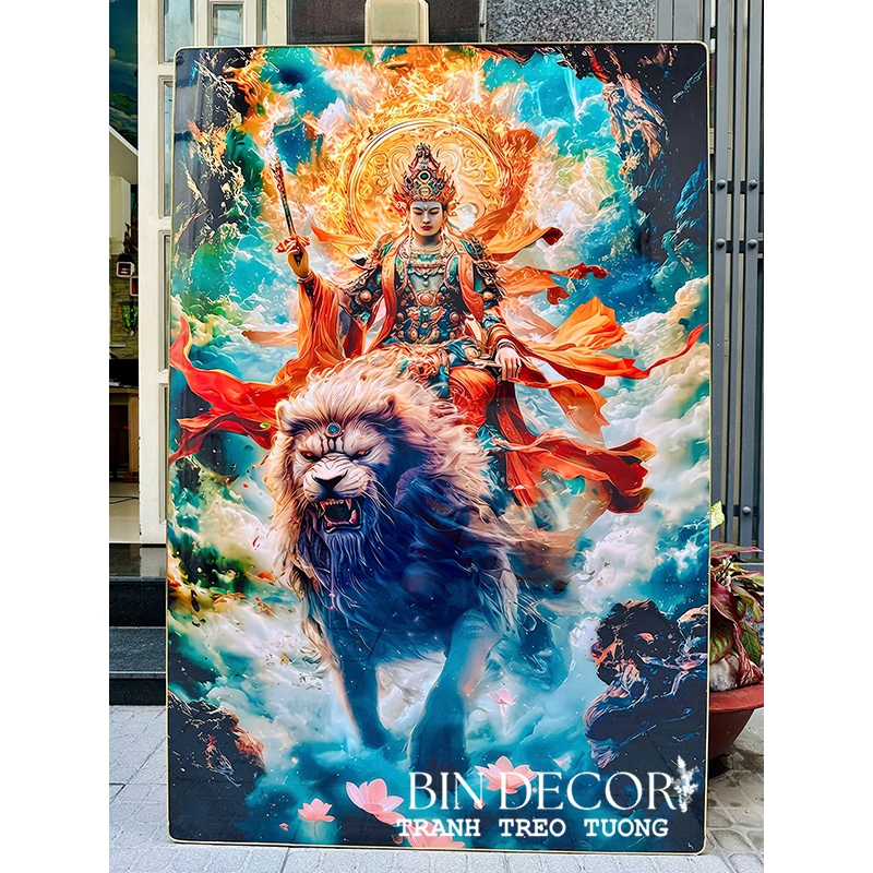 (ẢNH CHỤP) Tranh treo tường tráng gương văn thù sư lợi bồ tát trang trí decor sẵn đinh