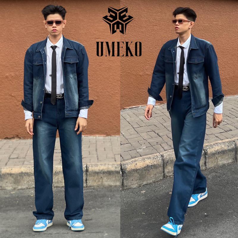UMEKO Set Denim On Denim Gồm Áo Khoác Jacket Jean Tay Dài Và Quần Jean Form Suông Ống Rộng Thời Trang Y2K Retro Basic