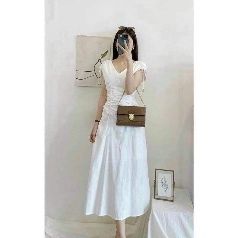 Đầm váy nữ midi xòe cổ V rút vai có 3 màu TKN