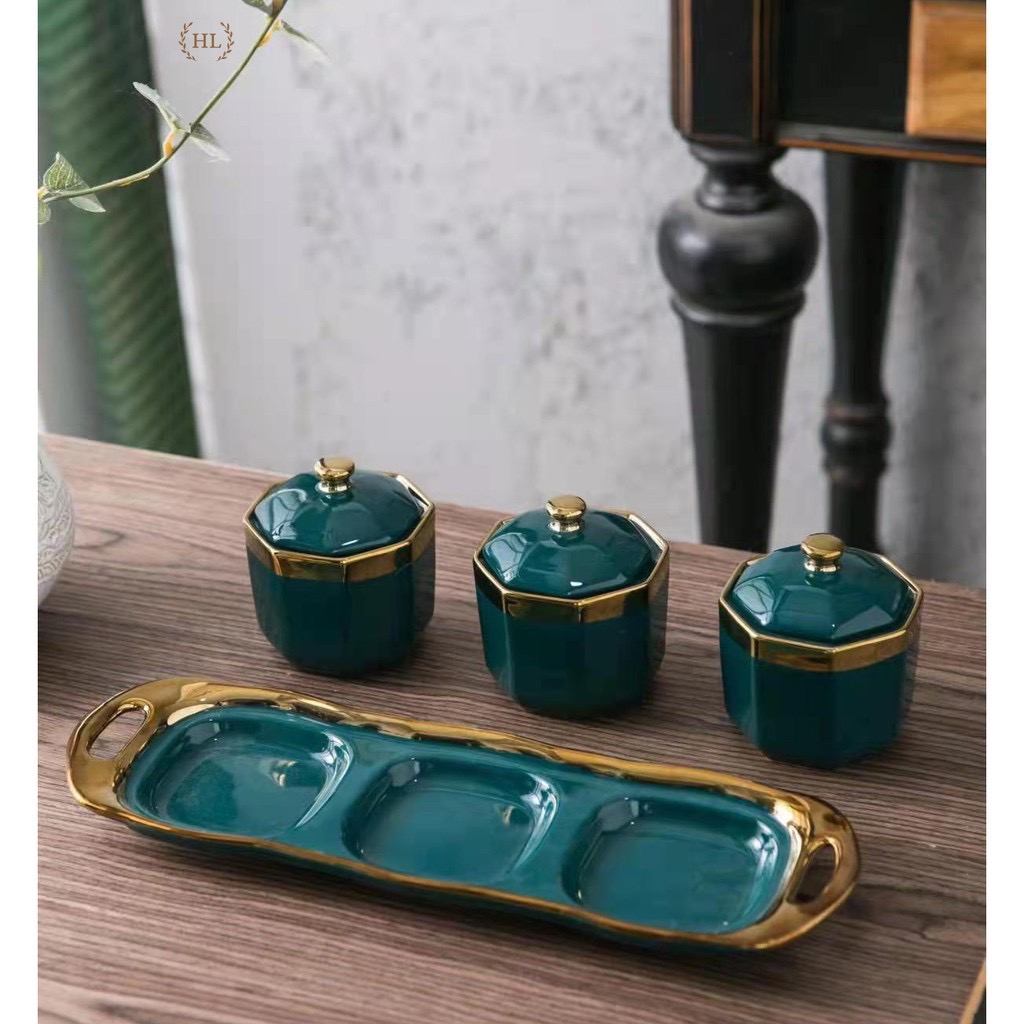 Set đựng gia vị hoàng gia chất liệu sứ tráng men viền vàng cao cấp