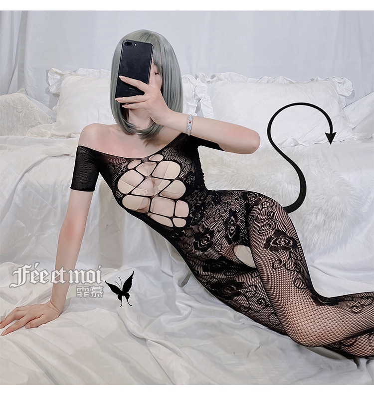 Đồ Ngủ Sexy Thun Lưới Bó Sát Bodystocking Đan Ngực Cộc Tay Tất Toàn Thân