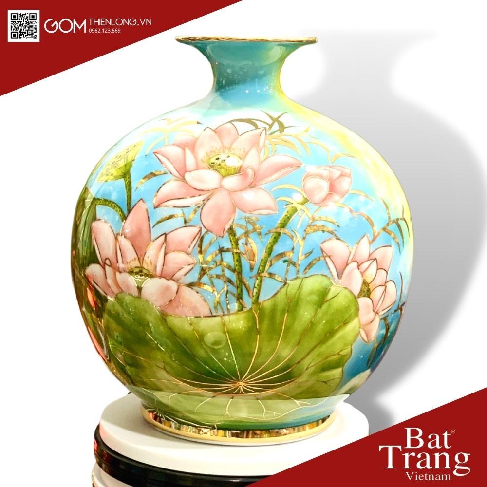 Bình Hút Lộc Sen Hồng Thuận Buồm - Vẽ Vàng 3D Hàng Kỹ - Bình Hút Tài Lộc Bát Tràng - Gốm Thiên Long