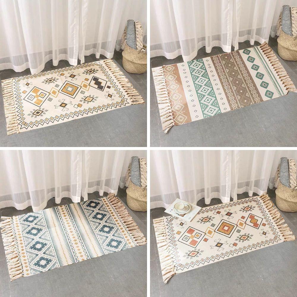Thảm Canvas Tua Rua Bắc Âu Thổ Cẩm Hình Học Cam Nâu 60x90cm PA9970