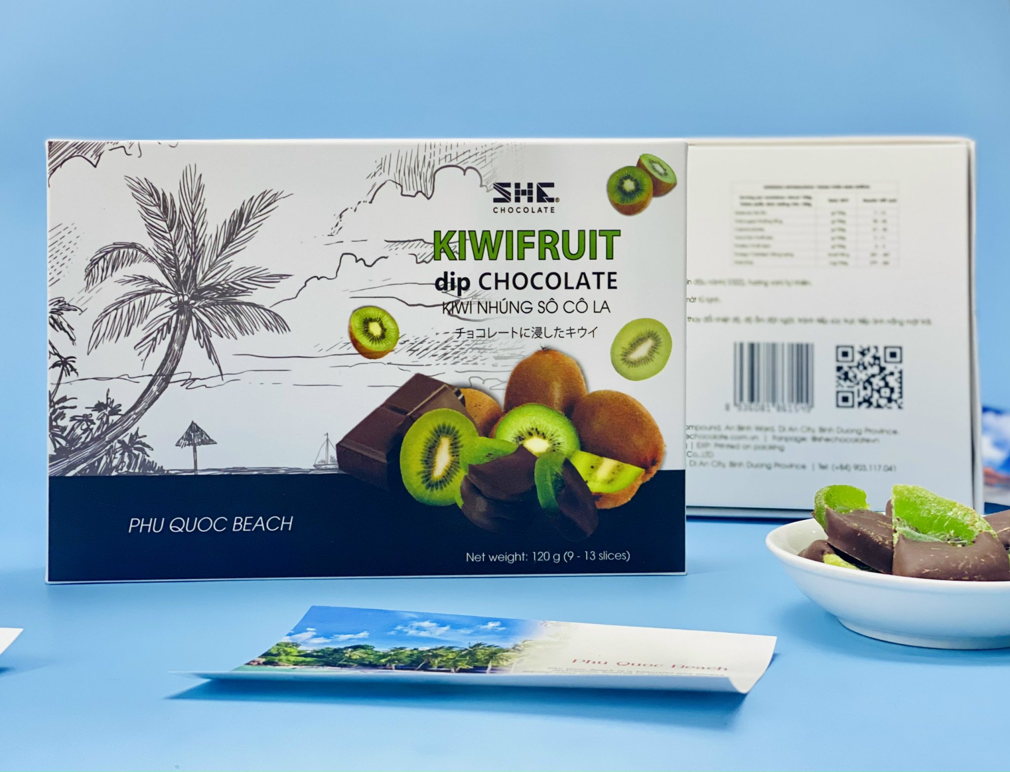 Socola kiwi nhúng hộp 120g SHE Chocolate - Quà tặng du lịch phong cảnh biển Phú Quốc Việt Nam