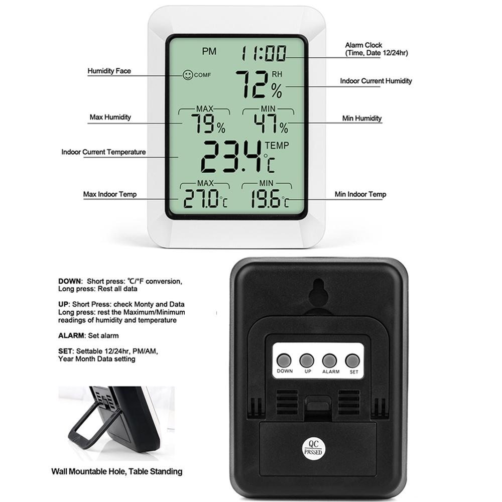 Intelligent Temperature Humidity Meter with LCD Digital Display Screen Digital Thermometer Hygrometer with Time Alarm