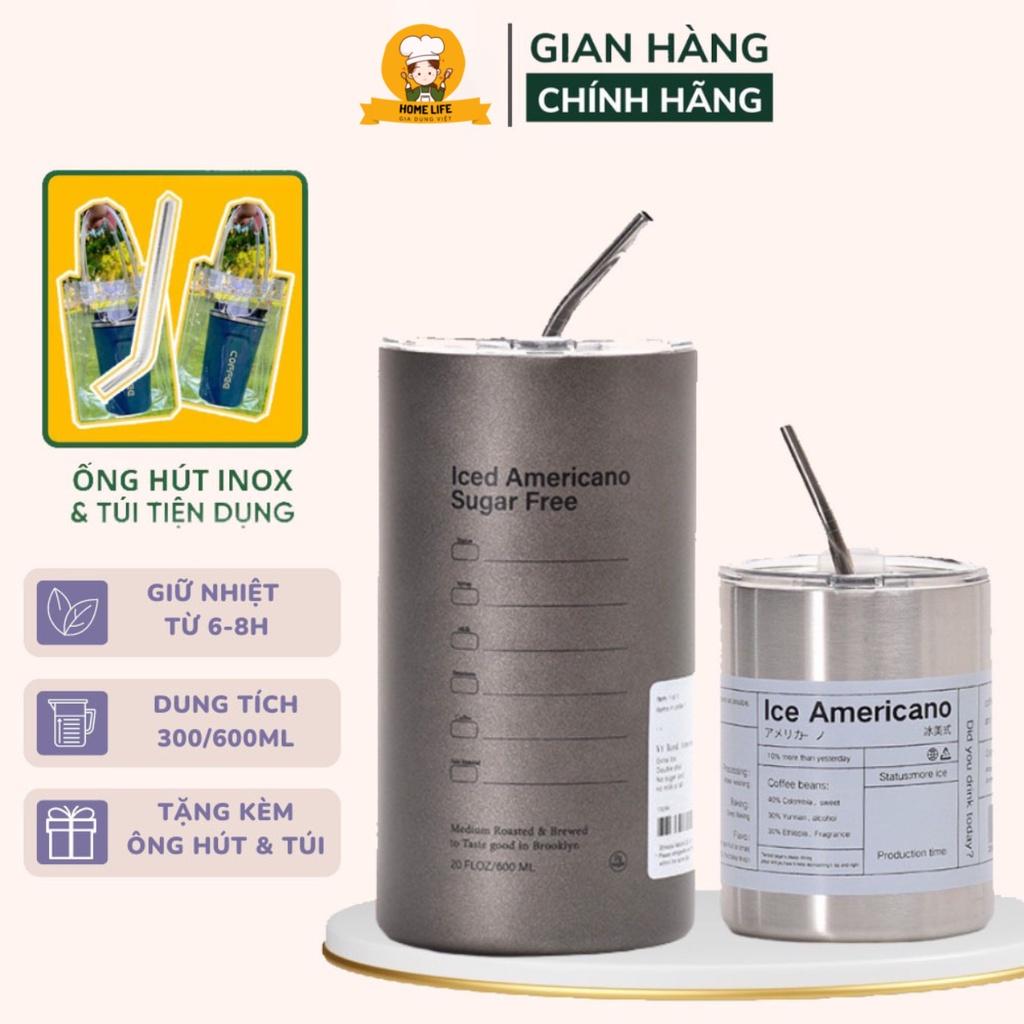 Cốc Giữ Nhiệt Iced Americano Có Ống Hút Dung Tích 600ml/ 360ml, Bình Giữ Nhiệt Inox 304 Cao Cấp, Ly Giữ Nhiệt 6-8 Tiếng