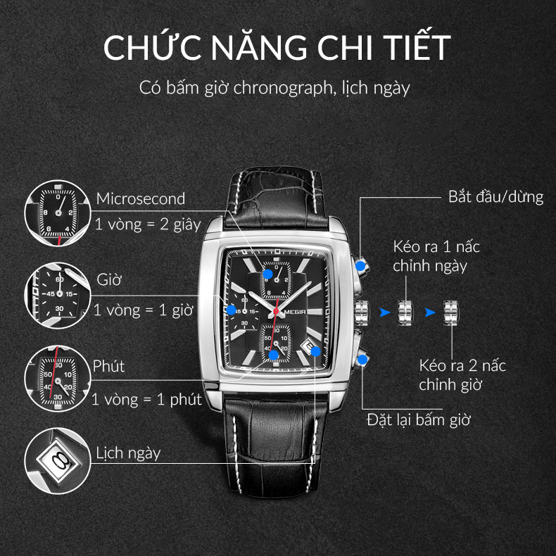 Đồng hồ đeo tay dây da mặt kính sapphire MEGIR 2028 6 kim chronograph có lịch