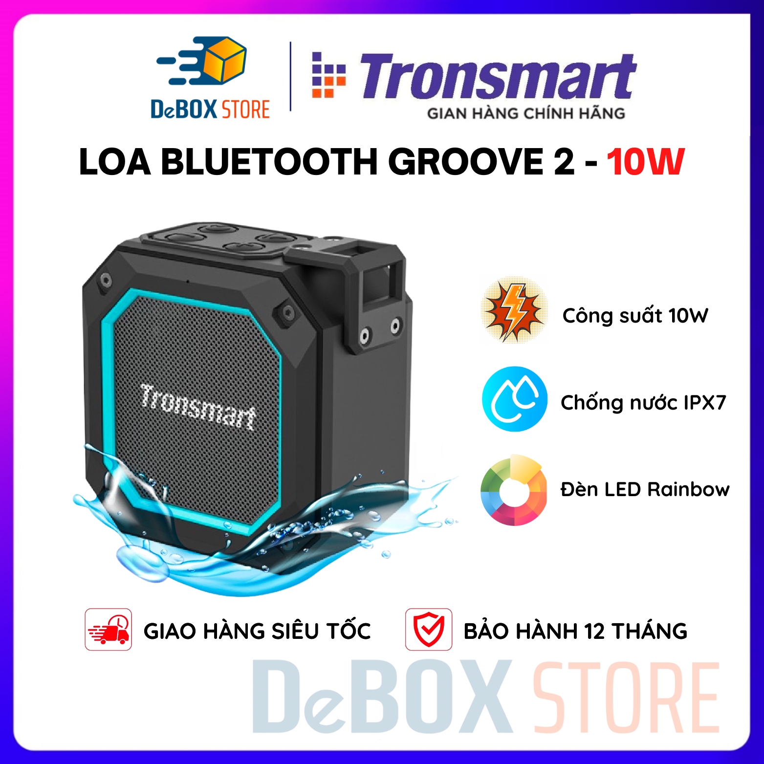 Loa Bluetooth Tronsmart Groove 2 Speaker Chống nước IPX7, Chế độ EQ Kép, LED Rainbow - Hàng chính hãng