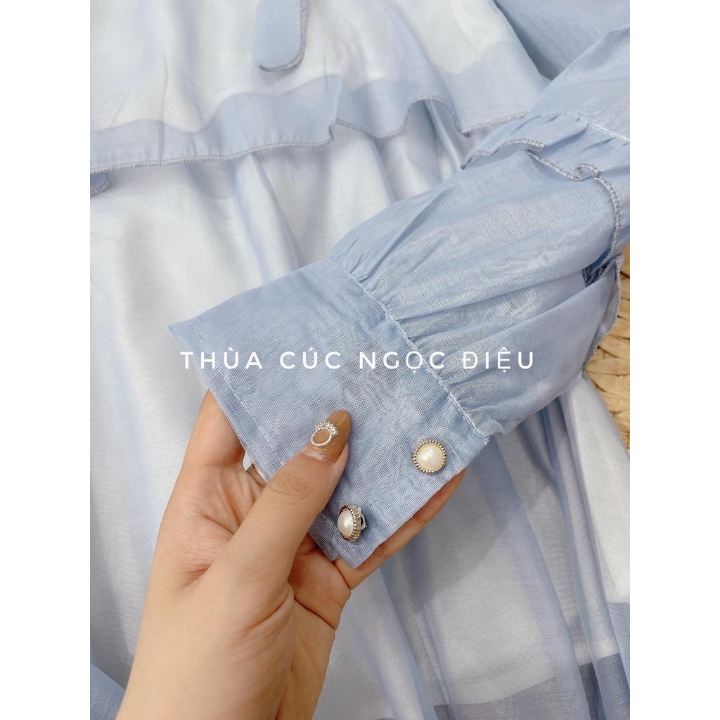 Áo bèo cổ nơ dáng yếm khoét vai tay rơi chất tơ ngọc tra.i, Áo bánh bèo cổ yếm màu xanh da trời, kem be