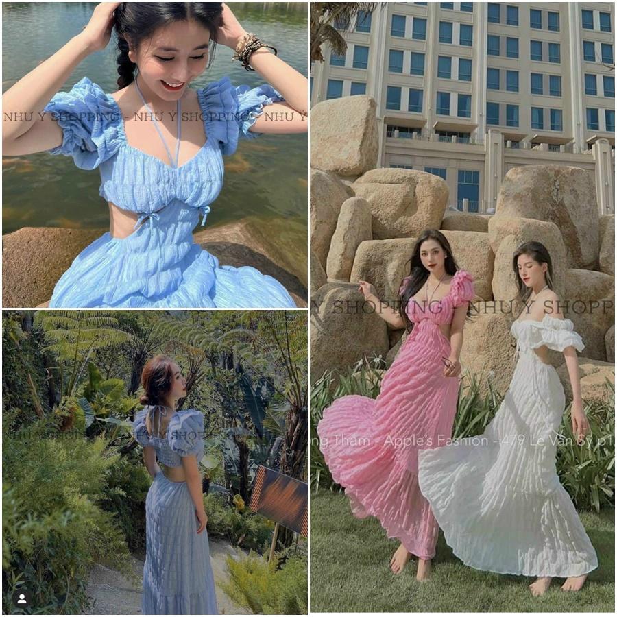 Đầm maxi đi biển chất thun xốp co giãn kiểu cắt xẻ sexy 4 màu hot trend mùa hè-TPxop