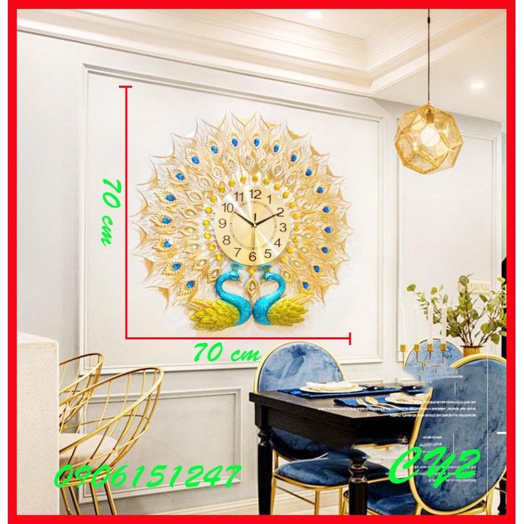 Đồng hồ treo tường trang trí decor chim công CY2 Khổng Tước vàng kích thước 70 x 70 cm