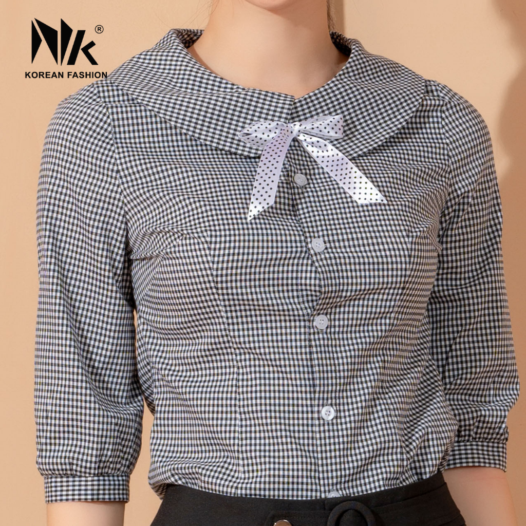 Áo Sơ Mi Nữ Công Sở Tay Lỡ NK Fashion NKSM2107007 Họa Tiết Kẻ Cổ Sen Phối Nơ, Chất Liệu Nhập Hàn Cao Cấp Mềm Mịn