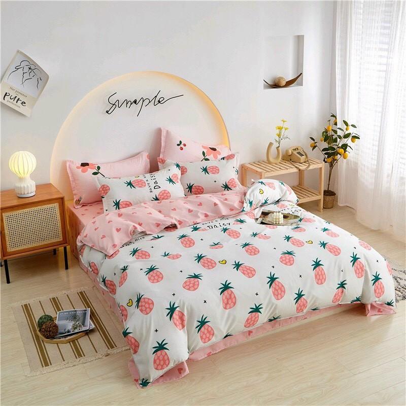 Bộ chăn ga gối Cotton poly M2T bedding, vỏ chăn mền, drap ga giường và 2 vỏ gối - PL quả dứa hồng