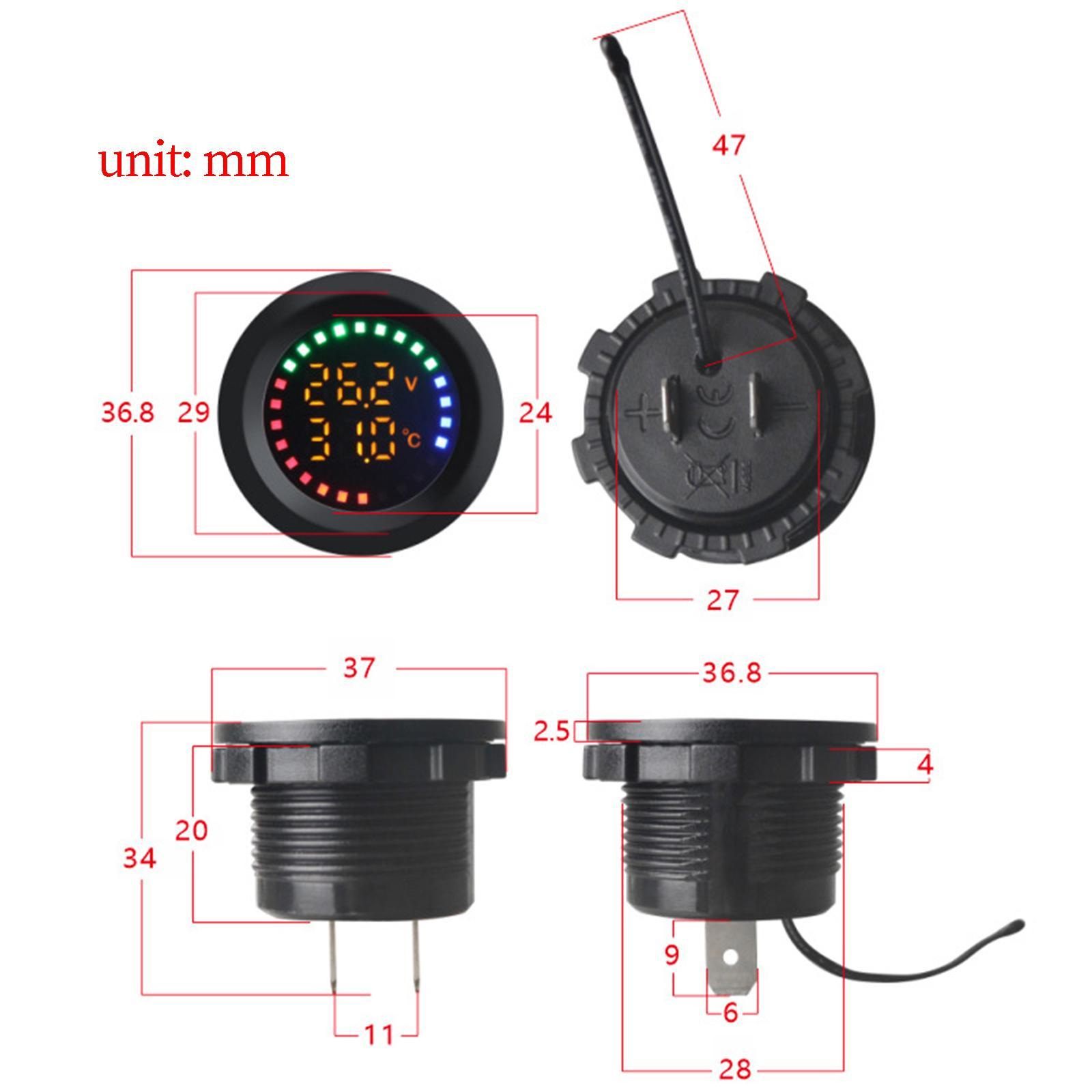 Car Temperature Gauge Voltmeter 12V-24V Tester Convenient Vehicle Repair Parts Round Panel Multipurpose Colorful Display Temp