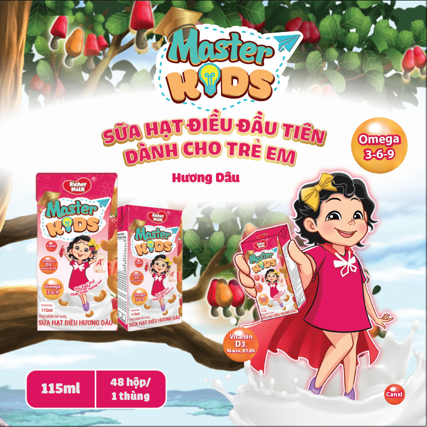 Lốc Sữa Hạt Điều Master Kids Hương Dâu 115ml Giàu Omega 3-6-9 Giúp Trẻ Thông Minh Hơn