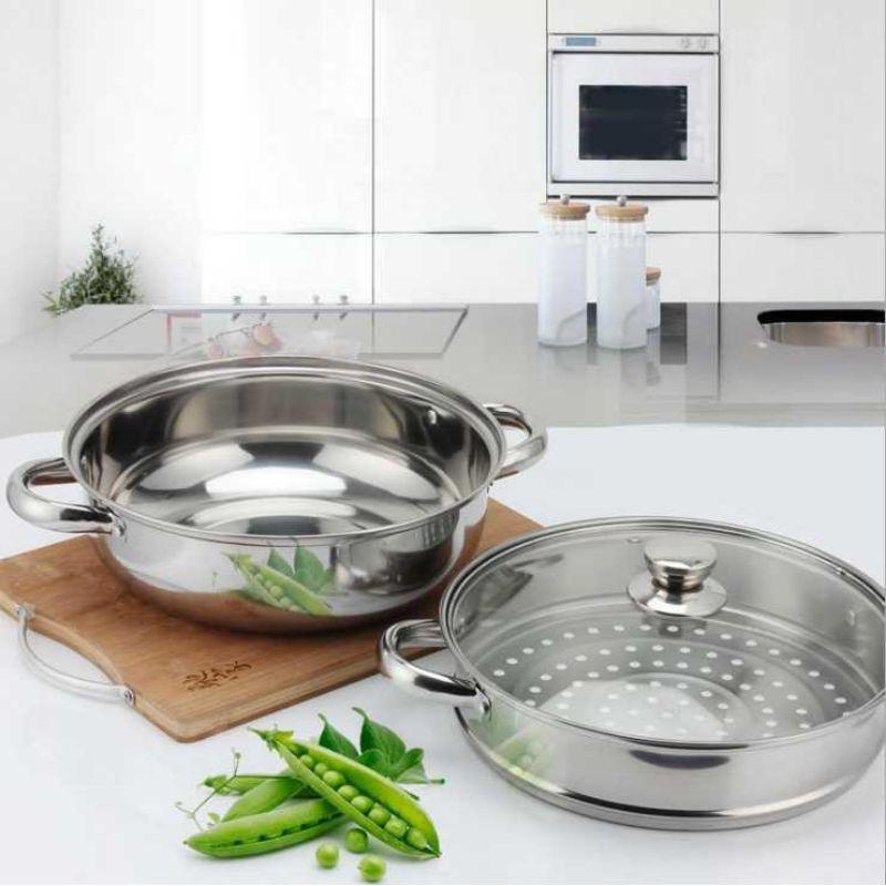 Nồi lẩu kiêm nồi hấp bánh bao xôi 2 tầng inox nắp thủy tinh cao cấp