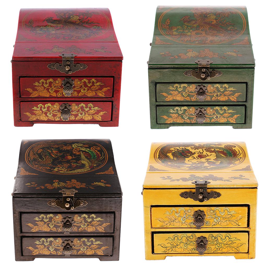 Vintage Wooden Dresser Chest 2 Drawer 1 Mirror for Jewelry Necklace Storage Case