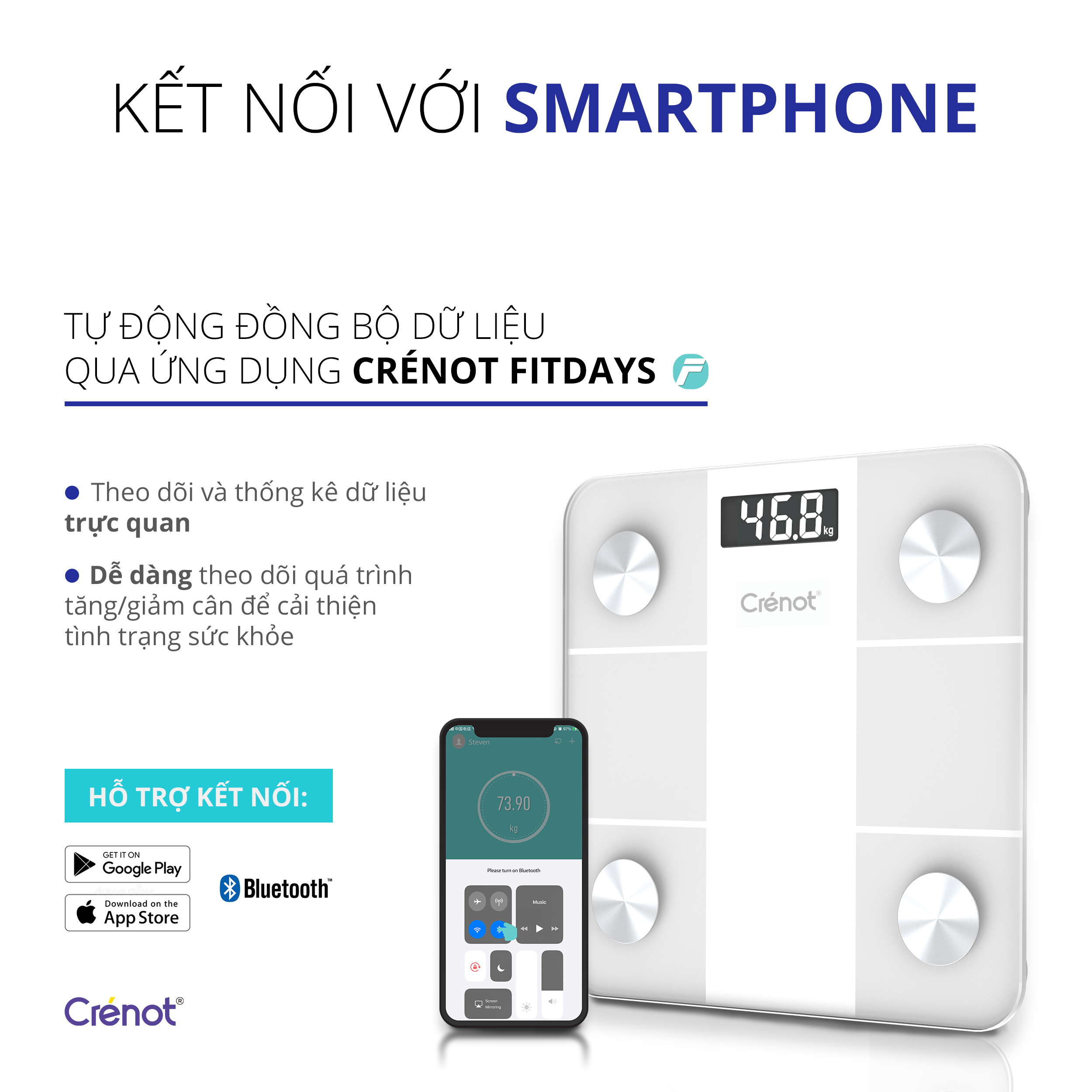 Cân điện tử sức khoẻ thông minh Crénot Health GoFit S2 kết nối bluetooth đo phân tích chỉ số cơ thể body fat scale can dien tu suc khoe thong minh Crenot