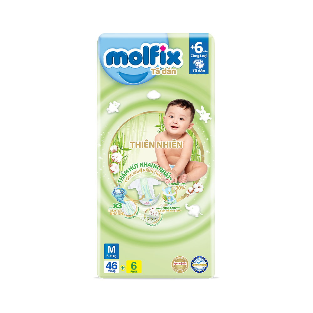 Tã/bỉm dán Molfix Thiên nhiên Jumbo M - Gói 46+6 miếng