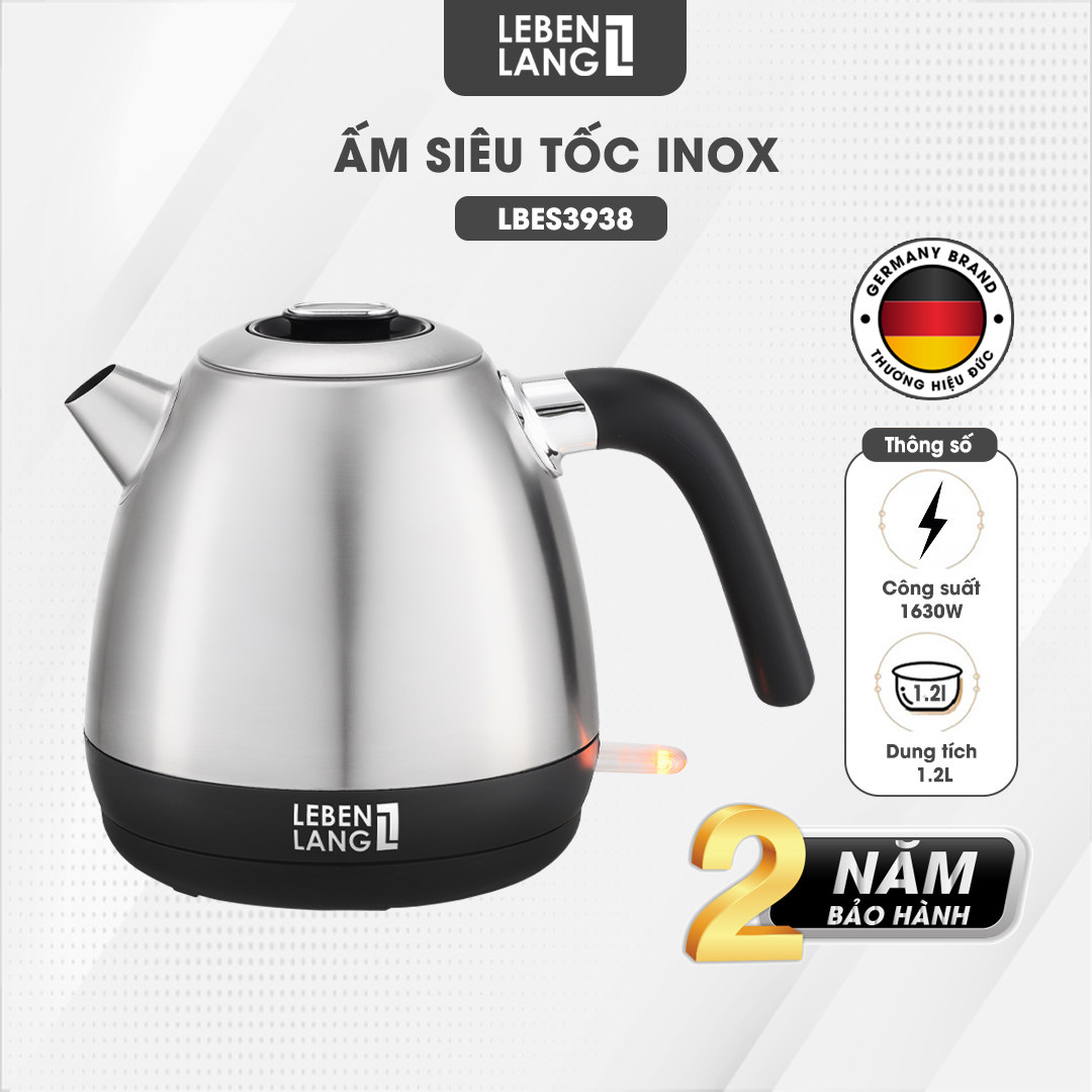 Ấm siêu tốc dáng lùn Lebenlang 1.2L INOX 304 LBES3938, công suất cao 1630W, tiện lợi không gian nhỏ - hàng chính hãng