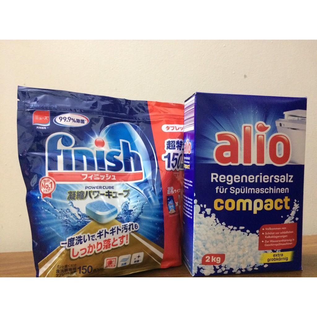 Combo Muối Alio 2kg + Viên rửa bát Finish 150 viên Dùng Cho Máy Rửa Chén Bát