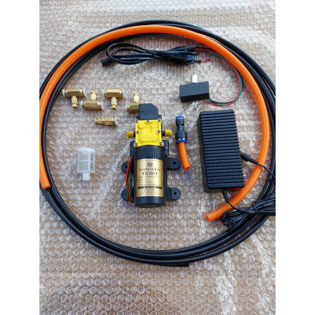 Bộ phun sương. bơm sinleader đơn kèm nguồn 12v-5a. 10m dây phun. 1m dây hút. 5 béc đồng. điều tốc 12v. giúp l