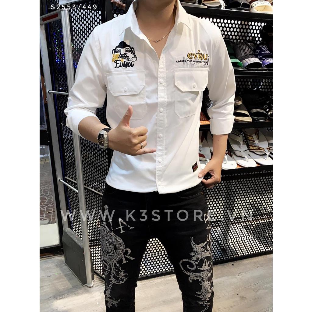 Evisu kuro thêu full chữ chất áo sơ mi nam tay dài kaki trắng dày dặn co dãn nhẹ thêu nét chính hãng K3 STORE