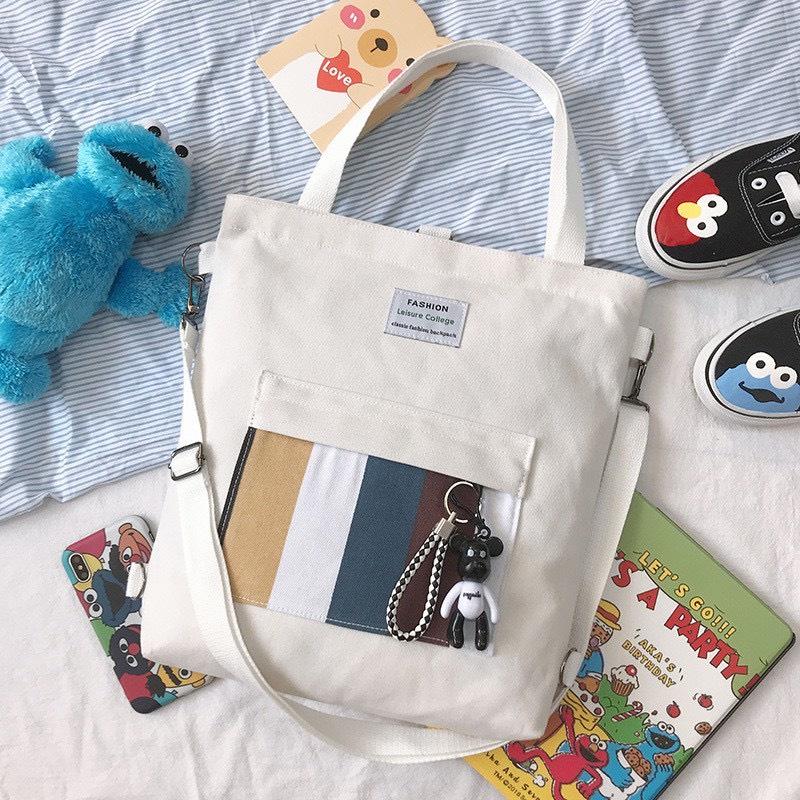 Túi đeo chéo SAM CLO bag canvas thời trang Hàn Quốc ULZZANG kèm phụ kiện, đựng sách, đi chơi, đi học SỌC MÀU