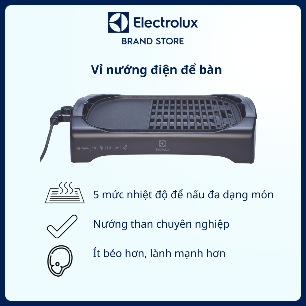 Vỉ nướng điện để bàn Electrolux ETTG1-40BK Nướng than chuyên nghiệp, lành mạnh [Hàng chính hãng]