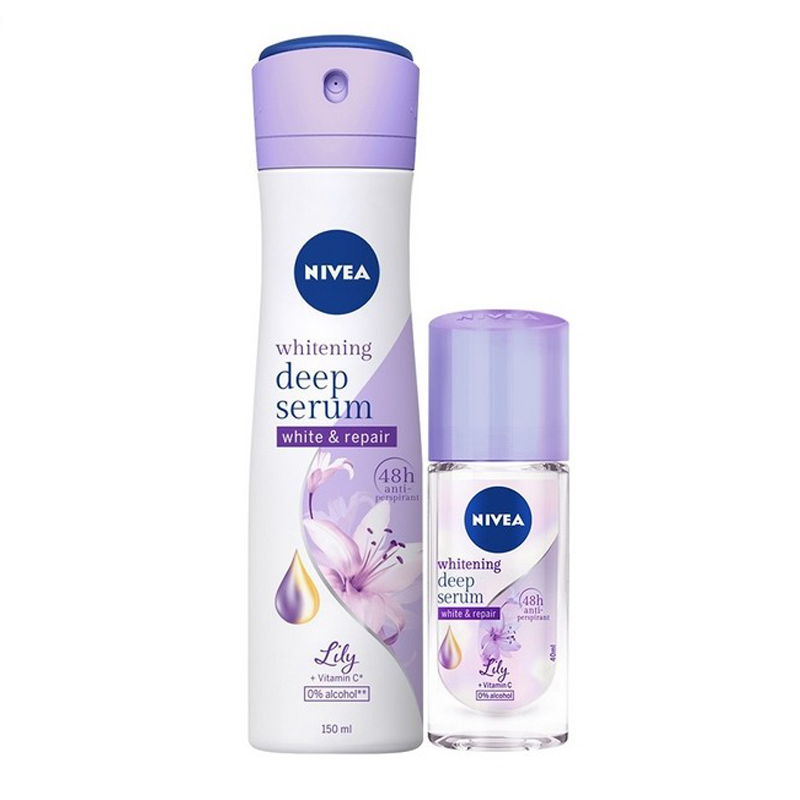 Bộ Đôi Xịt và Lăn Ngăn Mùi Nivea Serum Trắng Mịn Hương Hoa LiLy (150ml+40ml)