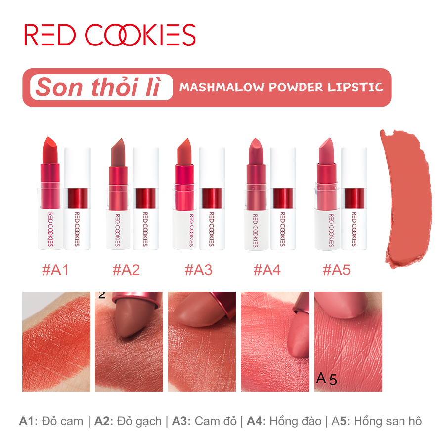 Son Thỏi Lì Marshmallow Powder Lipstick Red Cookies Hàn Quốc - Màu A5 Hồng San Hô