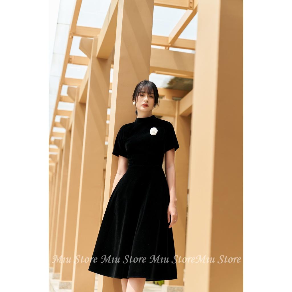 D00597 - Đầm thiết kế cao cấp nhung budodanh cổ tàu tùng xoè Miu Store