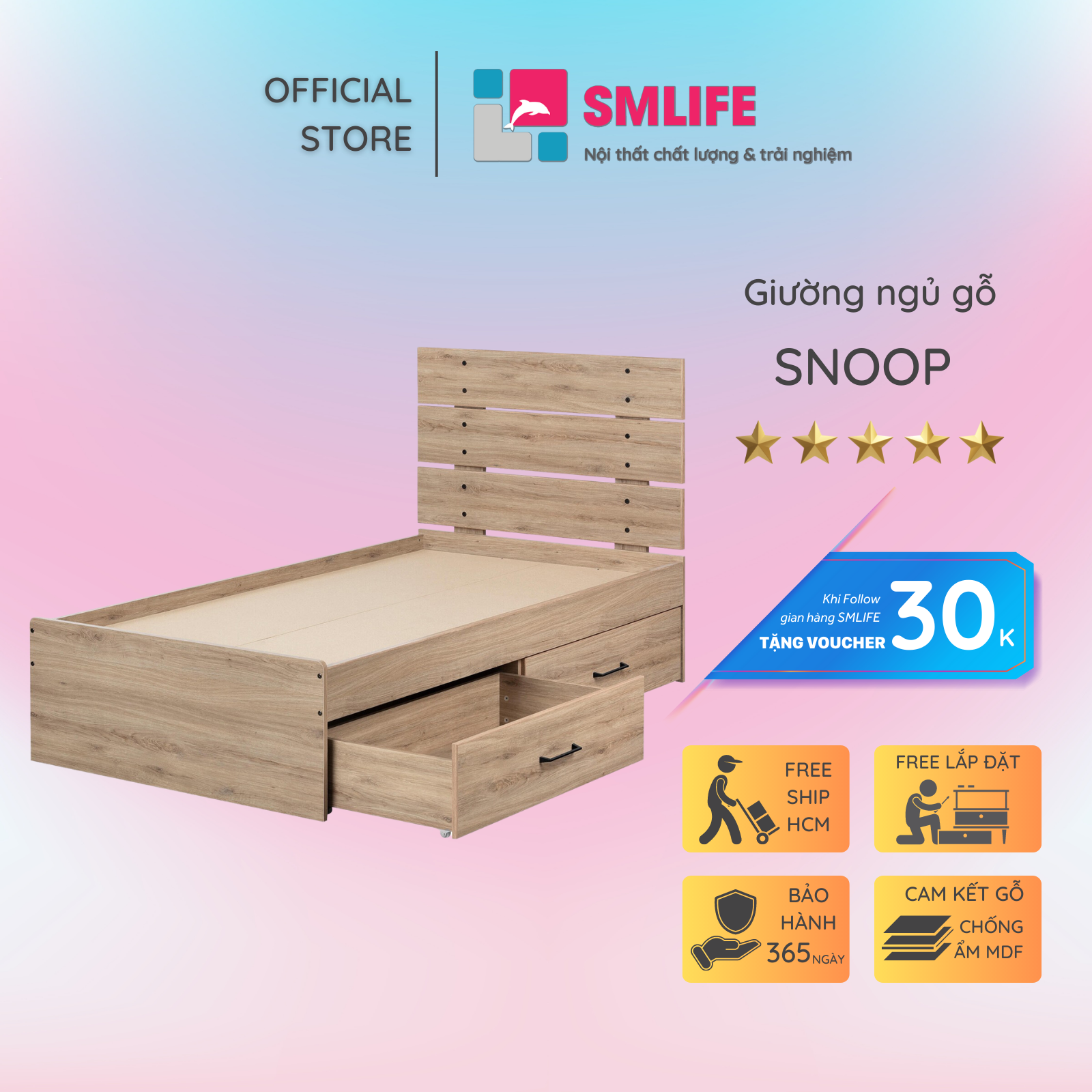 Giường ngủ gỗ hiện đại SMLIFE Snoop | Gỗ MDF dày 17mm chống ẩm | D206xR125xC100cm