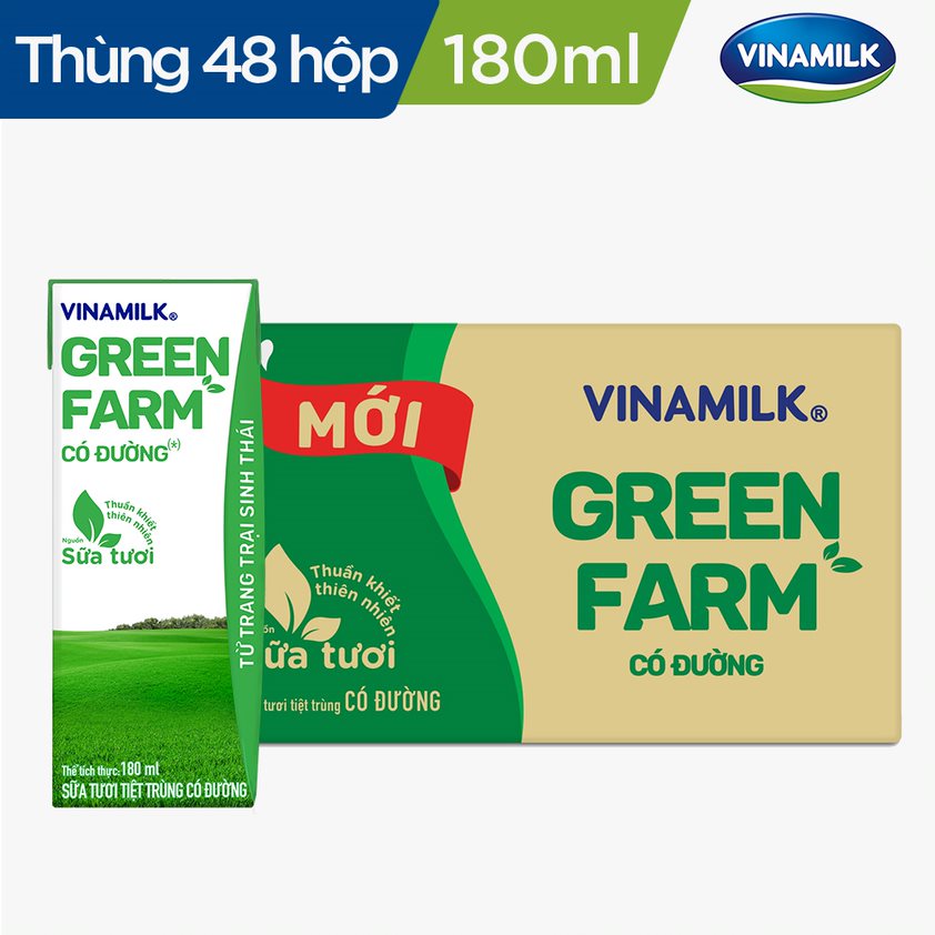 Thùng 48 Sữa Tươi Tiệt Trùng Vinamilk Green Farm - Sữa Tươi 100% Có Đường 180ml