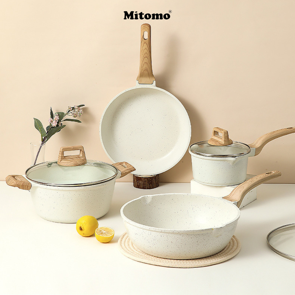 Bộ nồi vân đá chóng dính cao cấp 4 món Mitomo, đúc nguyên khối, nấu trên mọi loại bếp - Hàng chính hãng