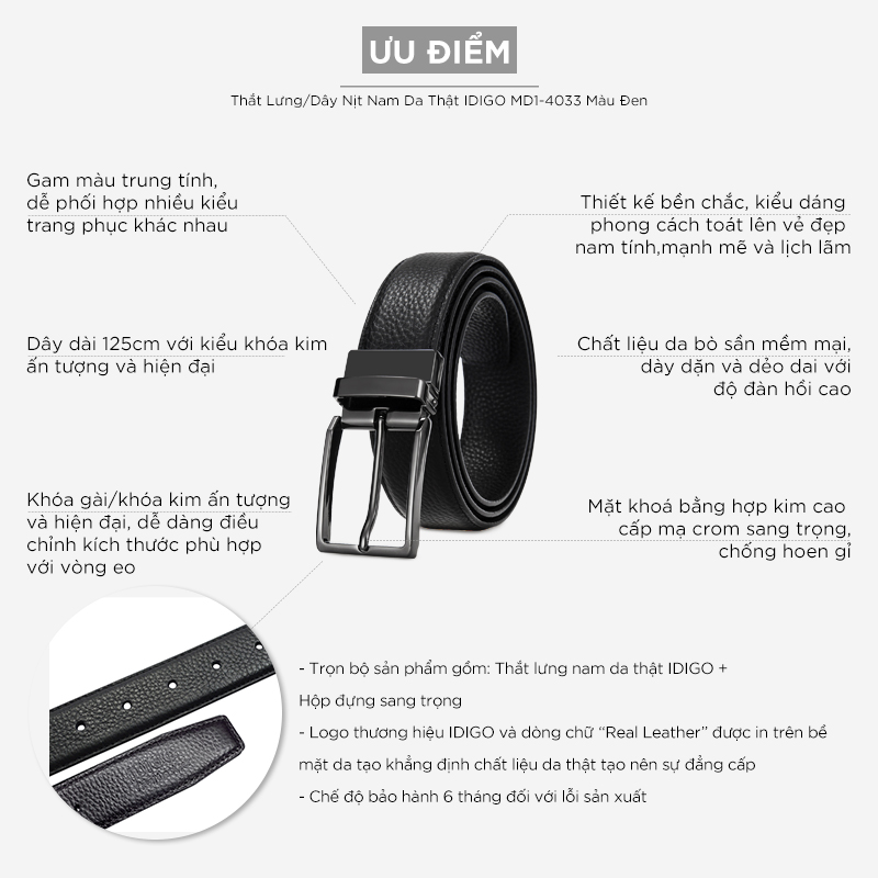 Thắt Lưng Nam Da Thật IDIGO MD1-4033 Màu Đen Mặt Đen