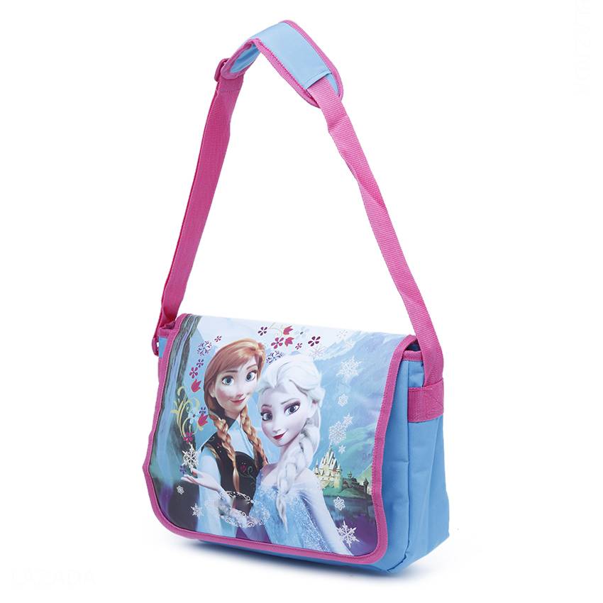 TÚI ĐEO CHÉO 2 NGĂN HÌNH CÔNG CHÚA FROZEN ANNA ELSA MÀU XANH VIỀN HỒNG CHO TRẺ EM BÉ GÁI - TDCFZXH (38x12x28cm)