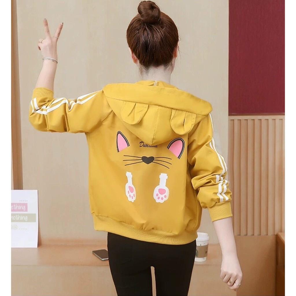 Áo khoác nữ hồng dù 2 lớp unisex - Hoodie có mũ nón bomber form rộng chống nắng mùa đông tai thỏ, tai mèo