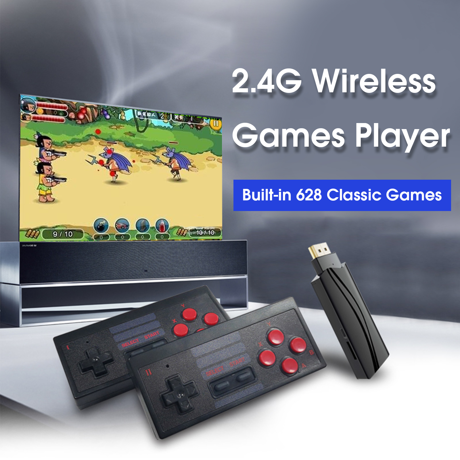 Bộ Điều Khiển Trò Chơi Cầm Tay Không Dây Retro 2.4g Đầu Ra HD Tích Hợp 628 Trò Chơi Cổ Điển Kép