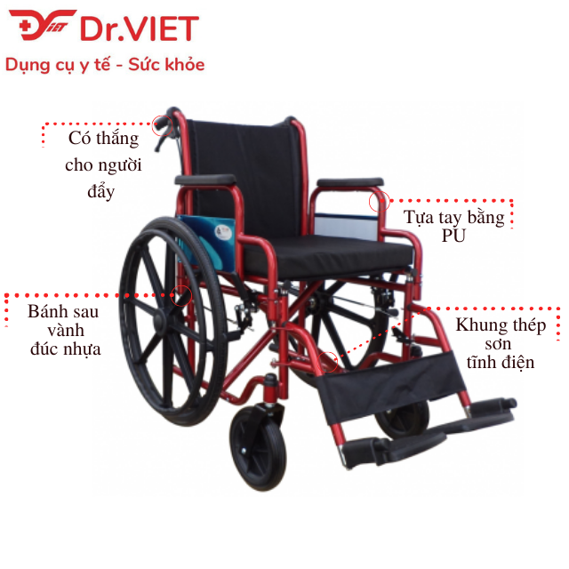 Xe lăn Lucass X-37BJ Xe lăn thép sơn tĩnh điện, thắng tay, gác chân tháo rời cho người già, người đi lại khó khăn