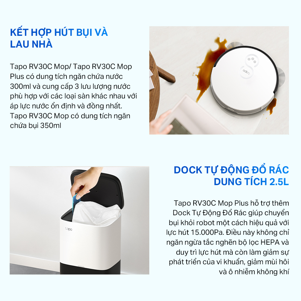 Robot Hút Bụi Và Lau Nhà TP-Link Tapo RV30C Mop / RV30C Mop Plus Điều Hướng LiDar & Gyro Công Suất 4200Pa - Hàng Chính Hãng