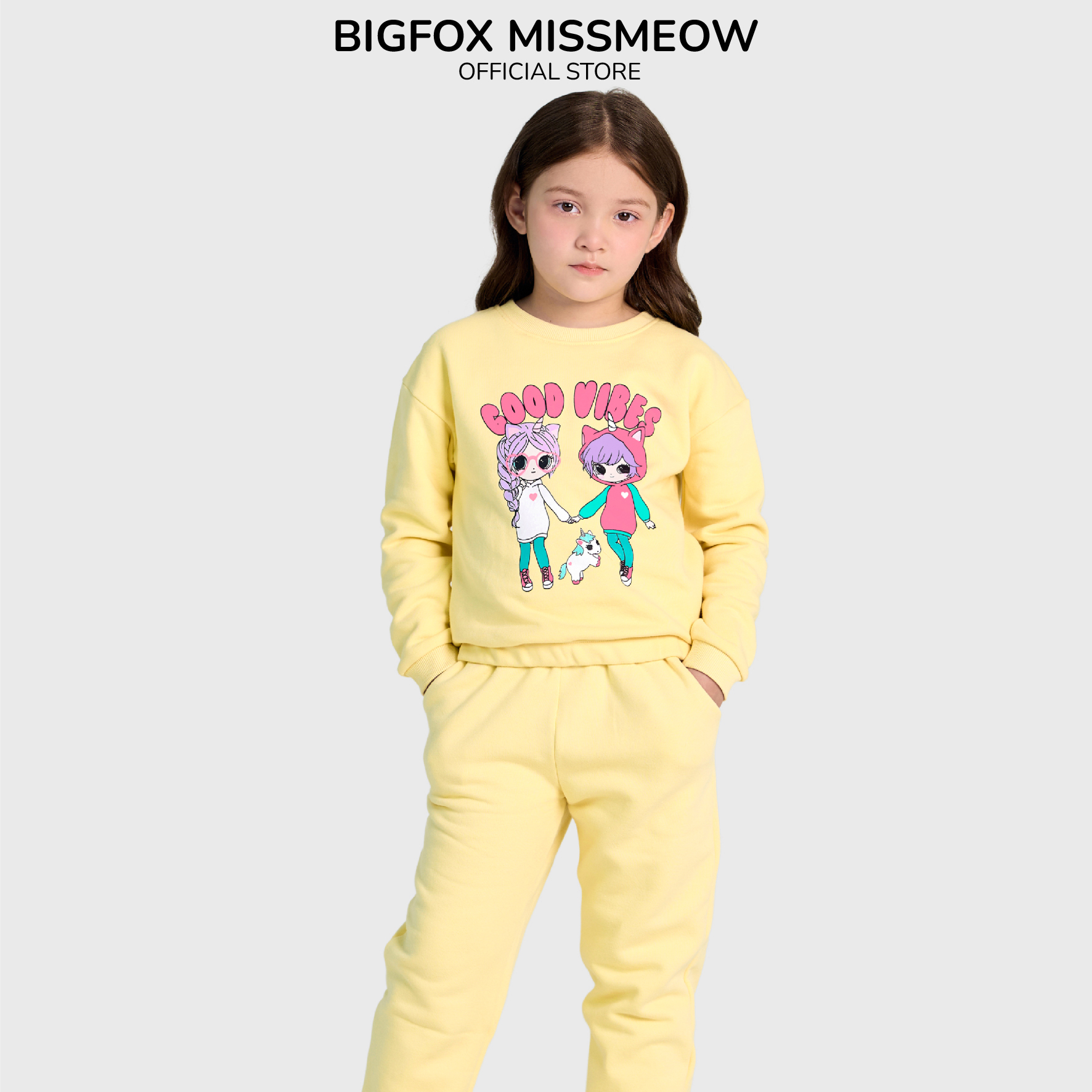 Bộ thu đông bé gái Bigfox Miss Meow size đại, bộ nỉ cho bé vải nỉ bông dày dặn in hai cô gái Good Vibes size 3,4…11 tuổi