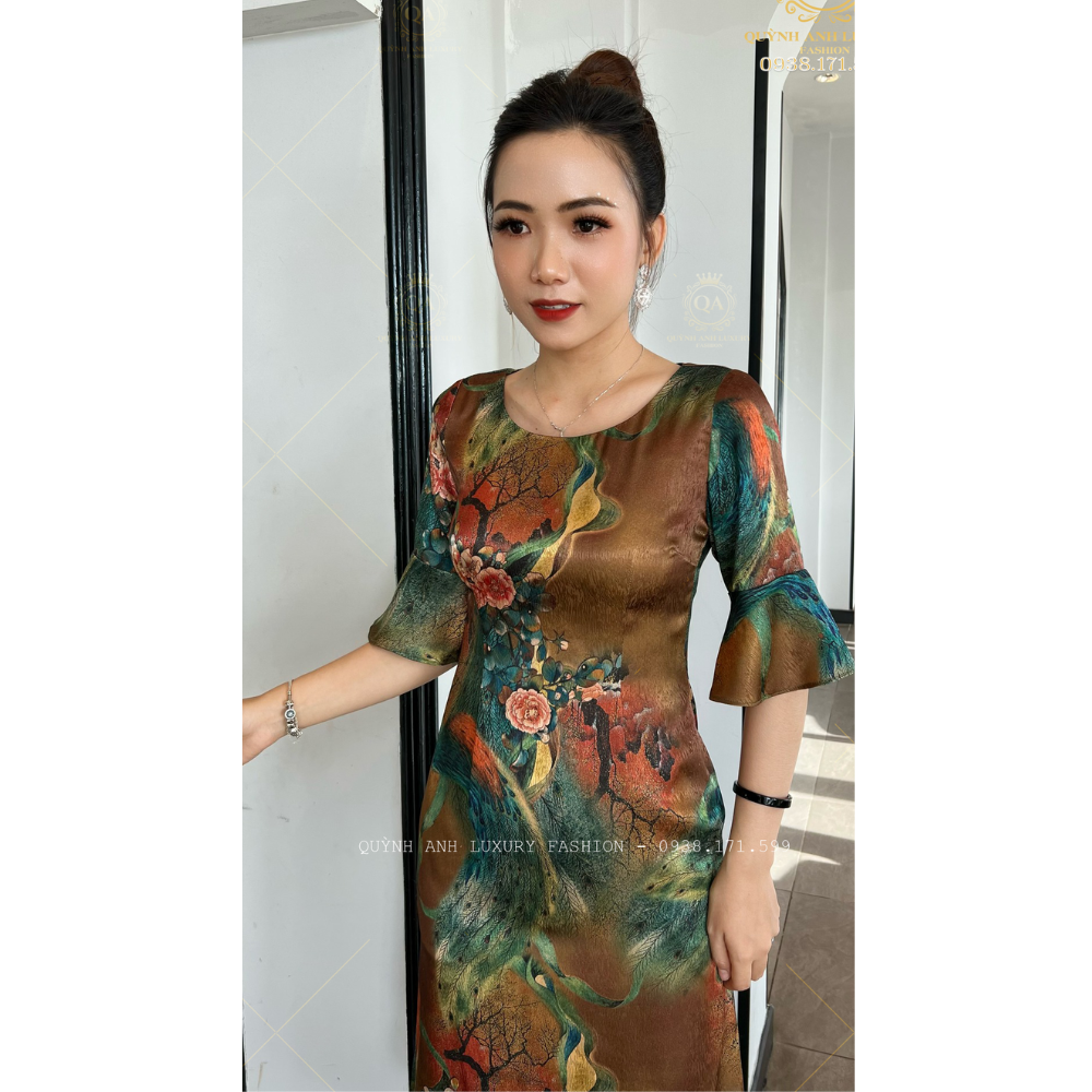 Đầm Suông Hoa 3D Tone Nâu Xanh Tay Loe Cao Cấp Vera Dress