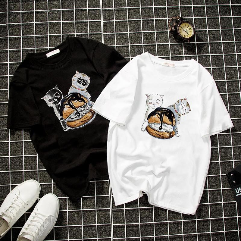 Áo thun unisex nam nữ 2 con mèo vải dày mịn 2021T3217