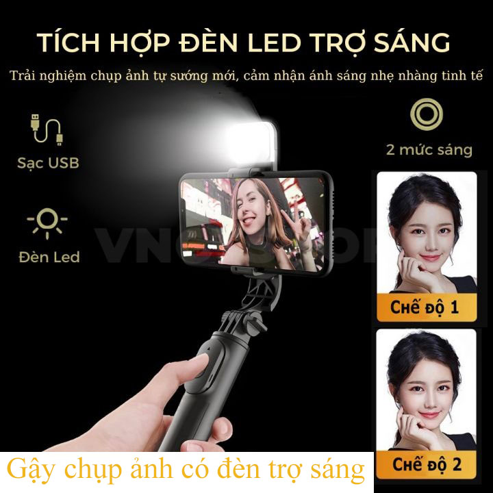 Gậy chụp ảnh tự sướng 3 chân có đèn led trợ sáng  bluetooth điều khiển từ xa xoay nhiều góc độ