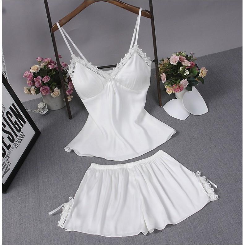 Bộ ngủ lụa 2 dây kèm lót ngực