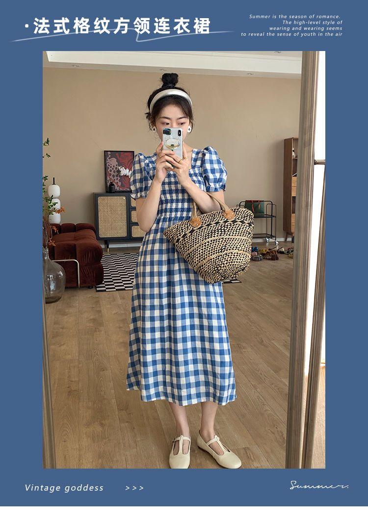 TOBE1SHOP Thanh lịch Port Wind Vintage kẻ sọc ăn vuông cổ thắt lưng sọc đi lại khí chất ngọt ngào bong bóng tay áo váy