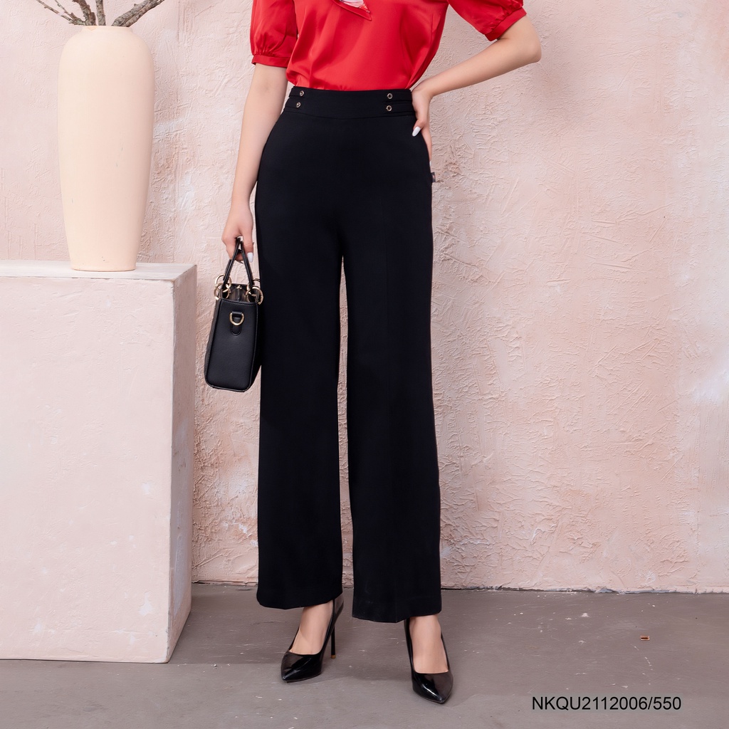 Quần Tây Nữ Công Sở, Quân Ống Suông Thời Trang UK Fashion Ống Rộng, Thiết Kế Cúc Sườn, Thanh Lịch, Nhẹ Nhàng NKQU2112006