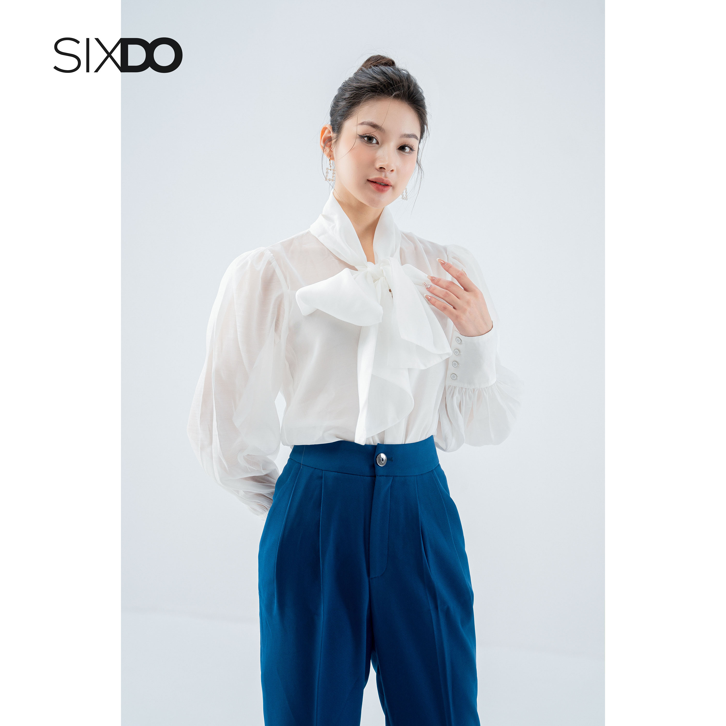 Áo sơ mi nữ tơ tạo kiểu buộc nơ cổ thời trang SIXDO